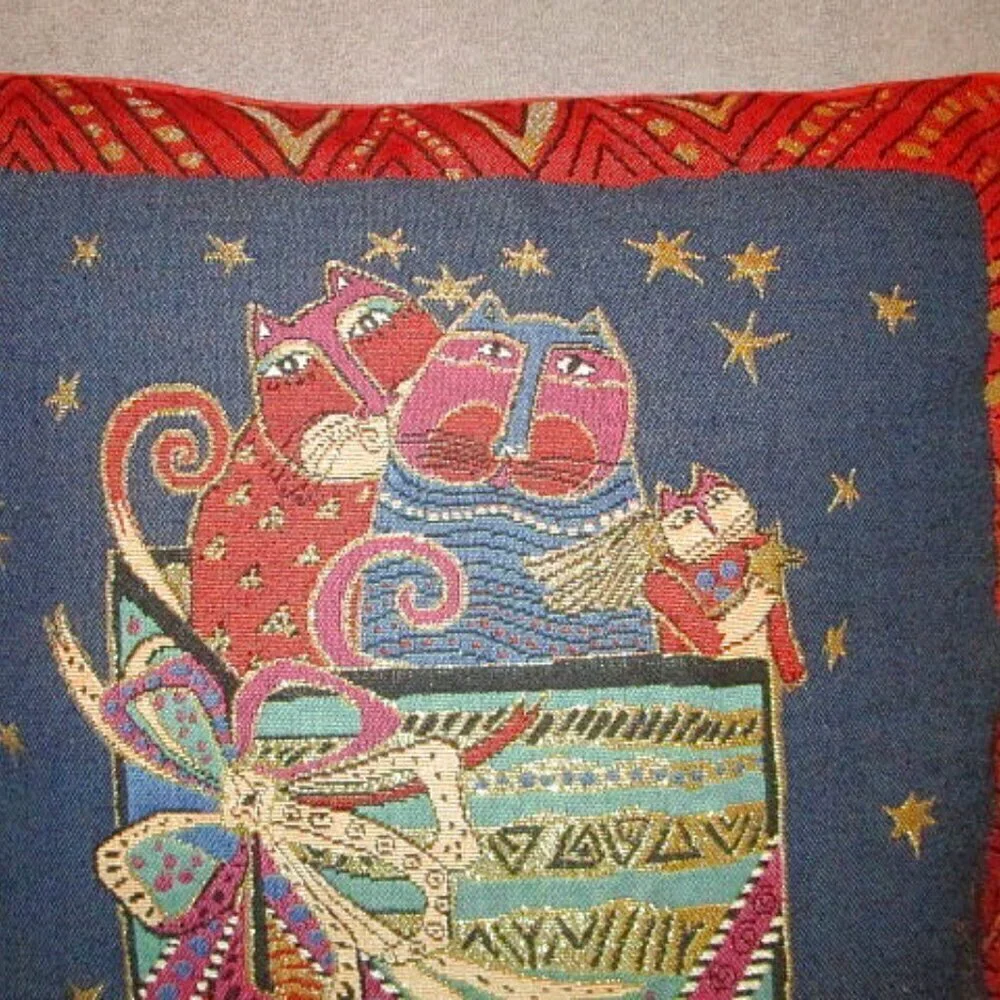 Vtg Laurel Burch Cat Tapestry Pillow 18” Stars Kitty Velvet Metallic Y2K 90s EUC